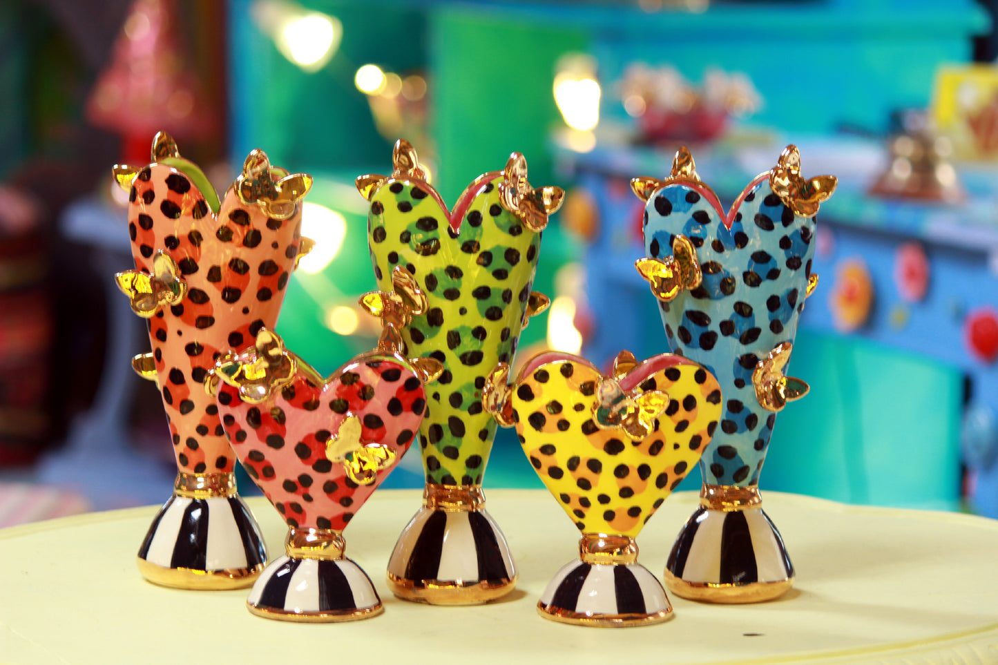 Tiny Butterfly Studded Heart Vase Green Leopard