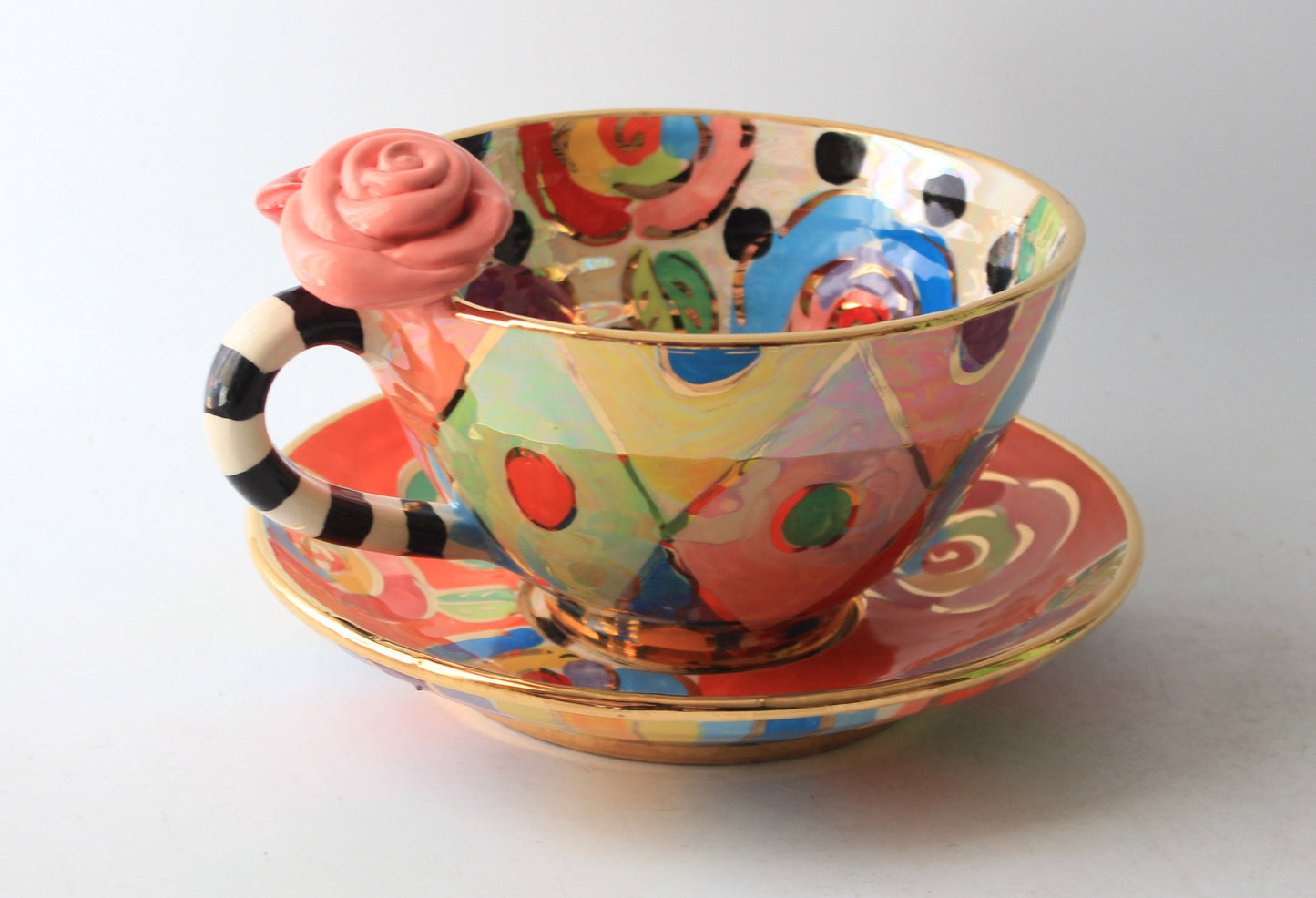 Rose Handled Breakfast Cup and Saucer with Mixed Designs #1