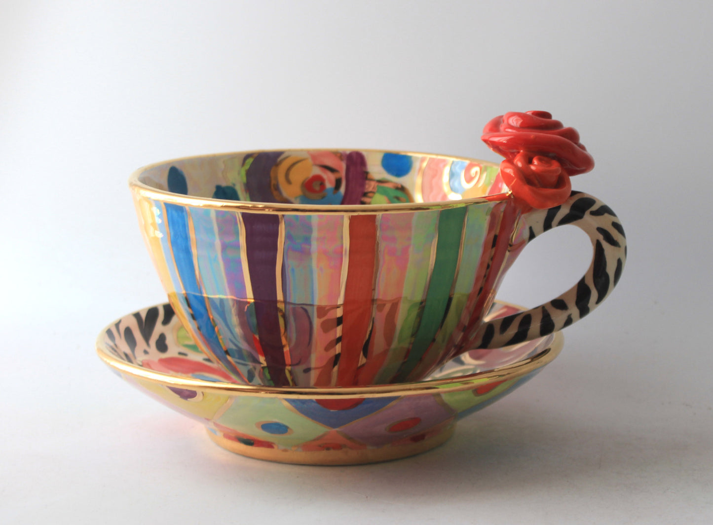 Rose Handled Breakfast Cup and Saucer with Mixed Designs #2