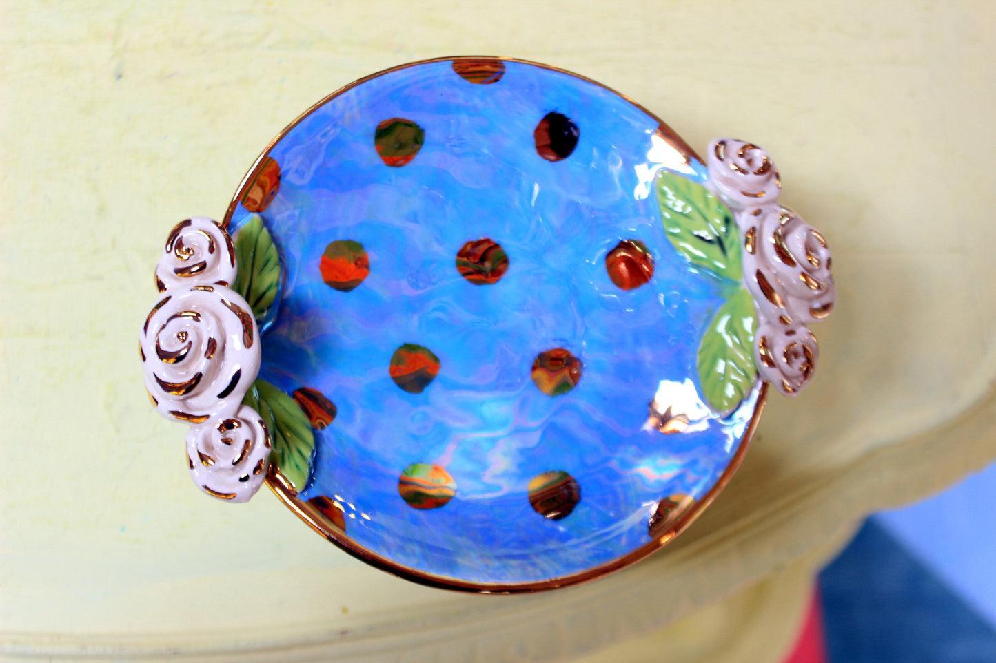 Cocktail Dish Iridescent Blue with Gold Dots