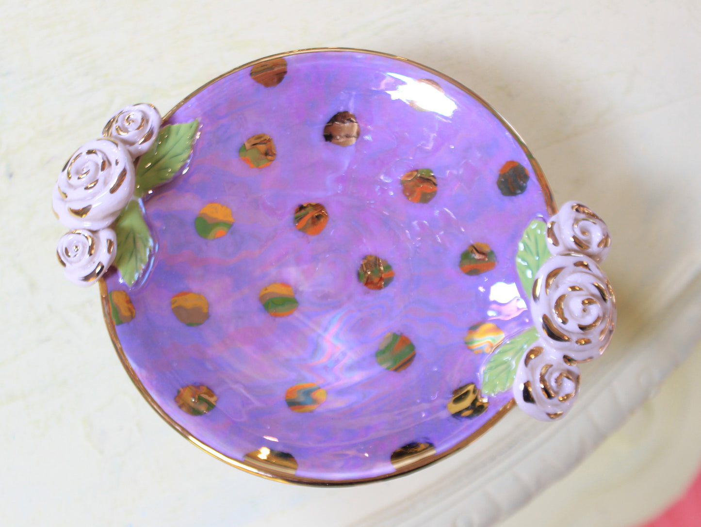 Cocktail Dish Iridescent Lilac with Gold Dots