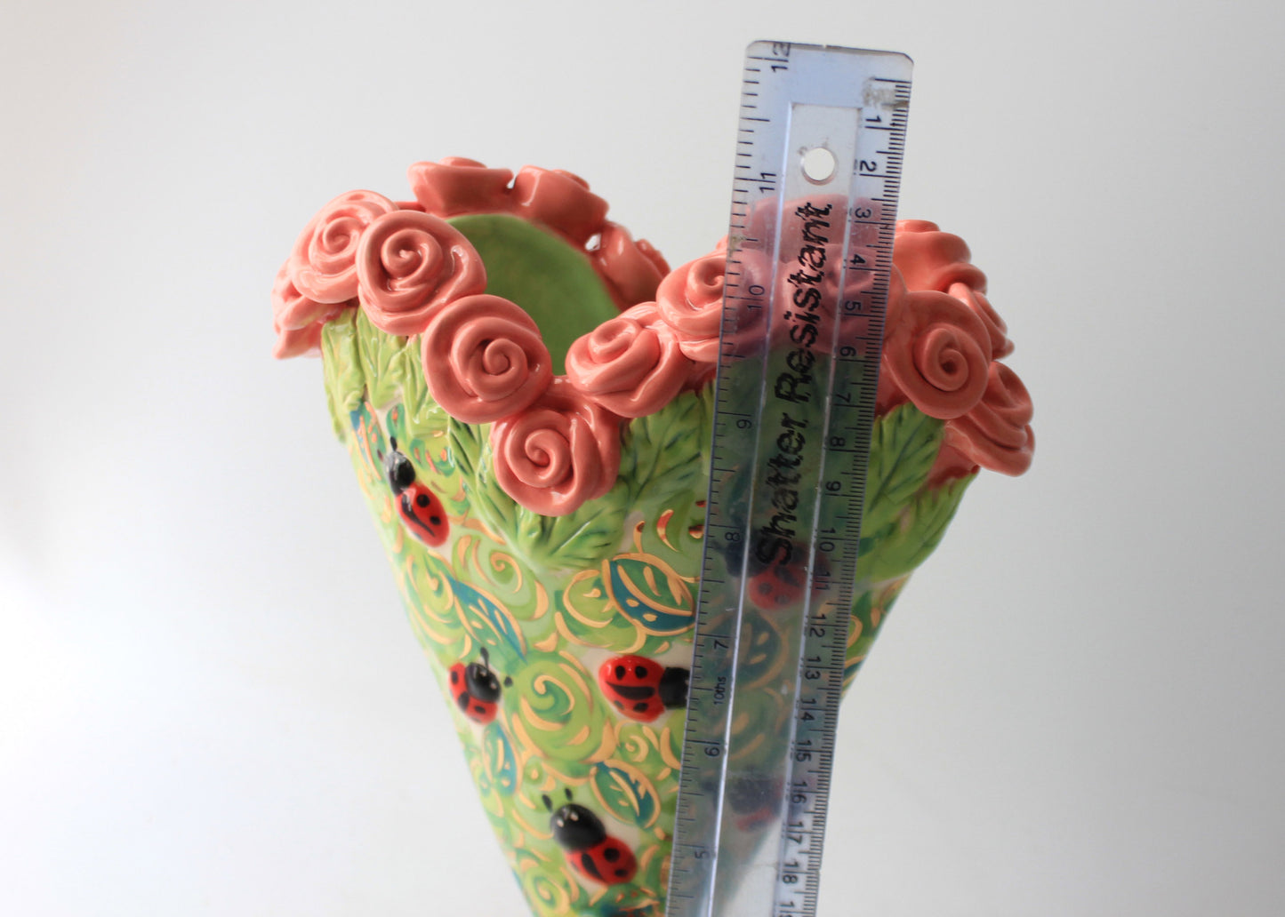 Small Rose Encrusted Heart Vase with Studded ladybirds Rosebush