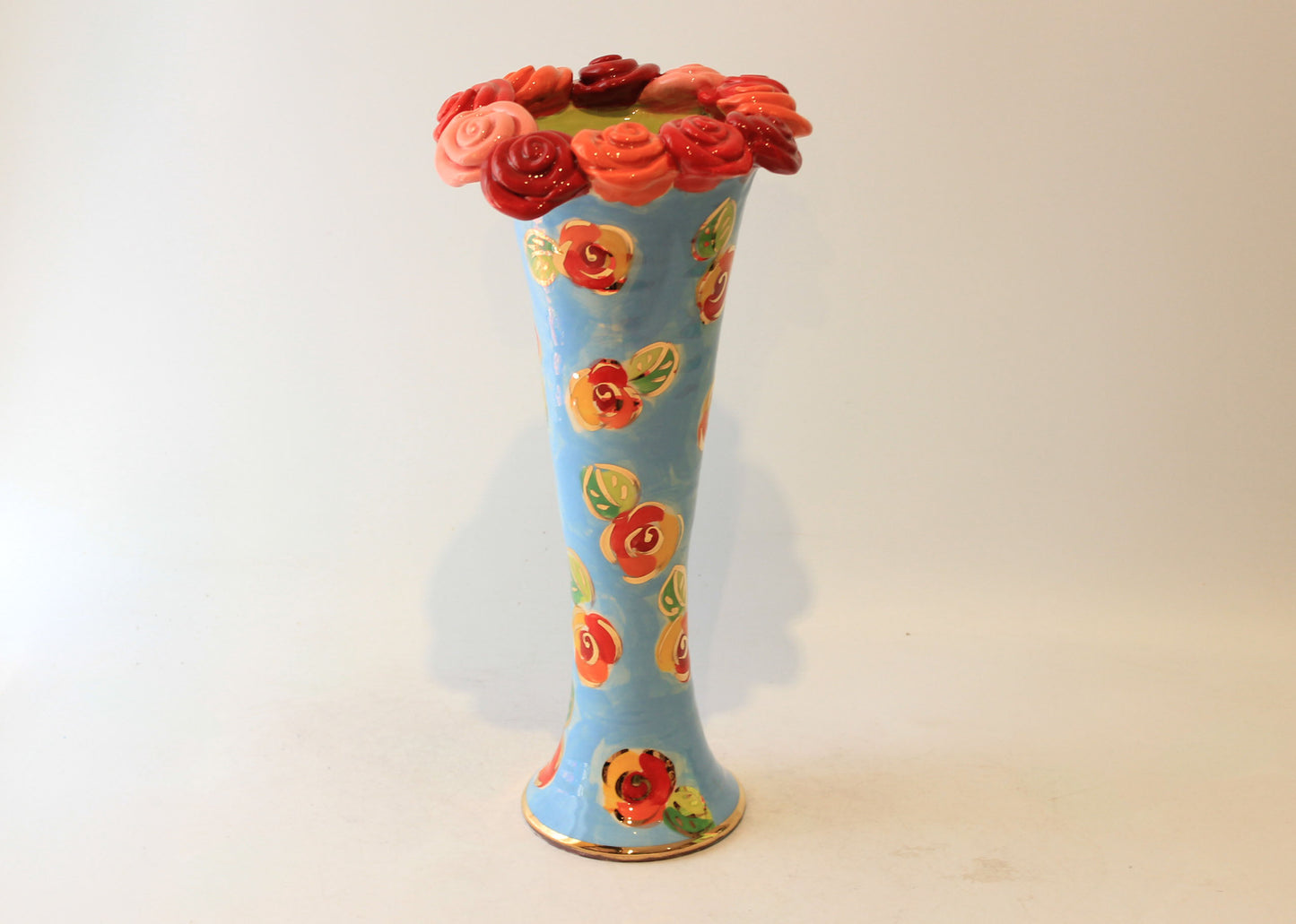 Large Rose Encrusted Catwalk Vase Blue Rosebud