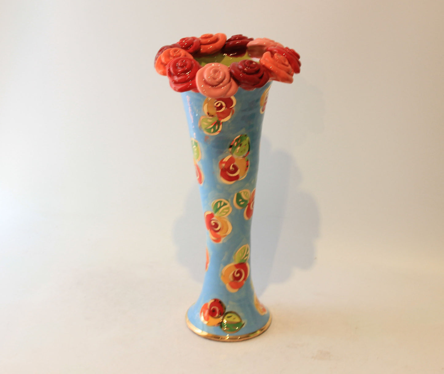Large Rose Encrusted Catwalk Vase Blue Rosebud