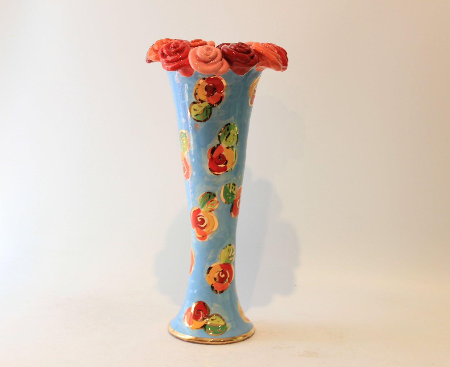 Large Rose Encrusted Catwalk Vase Blue Rosebud