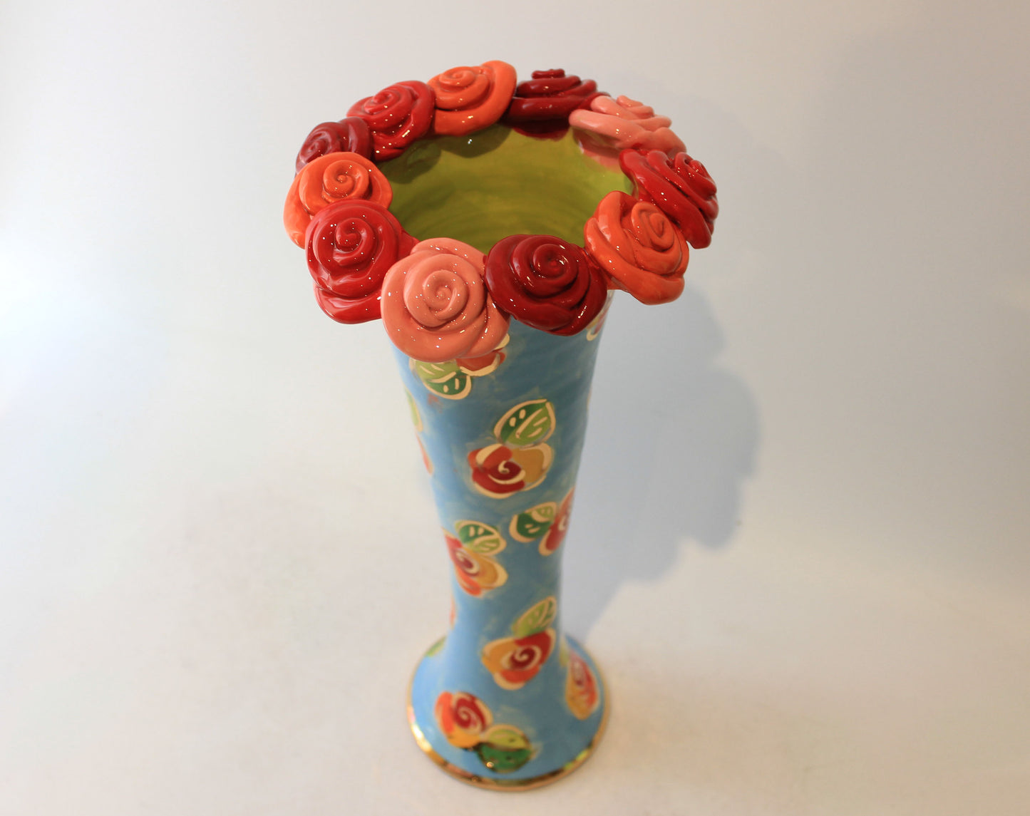 Large Rose Encrusted Catwalk Vase Blue Rosebud