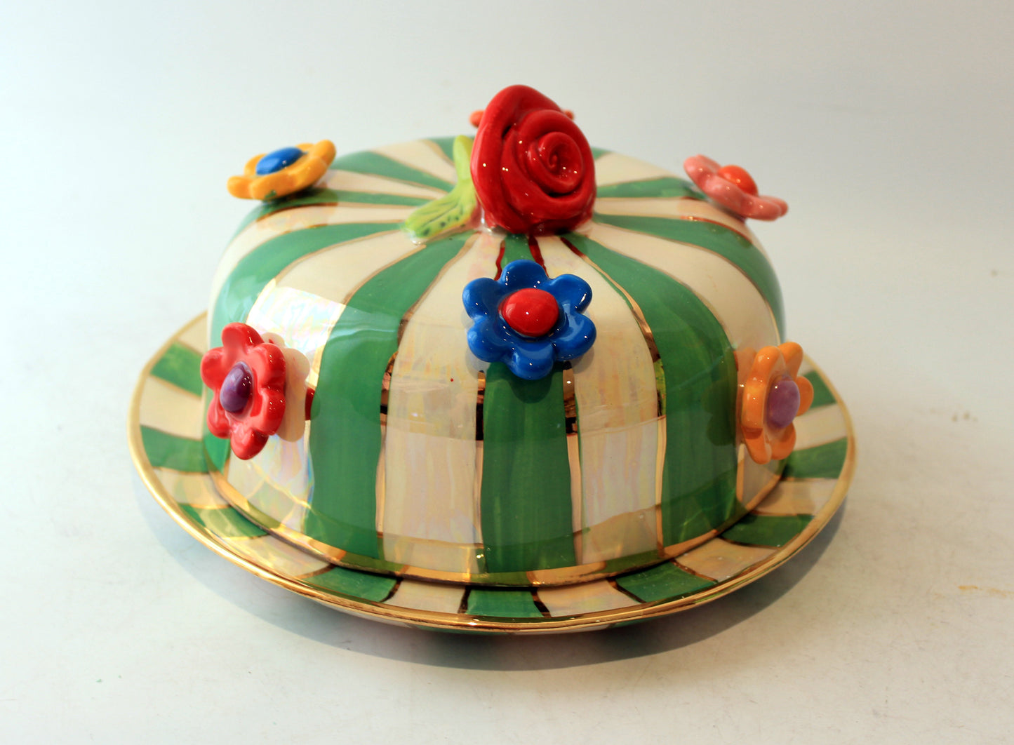 Multiflower Studded Butter Dish Green and White Stripe