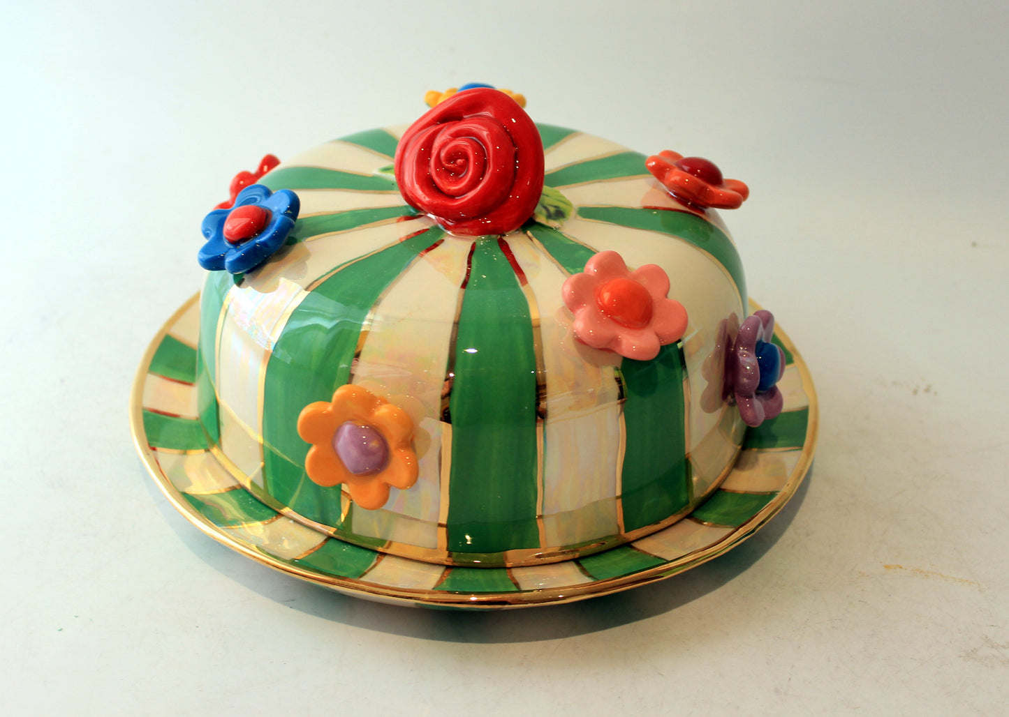 Multiflower Studded Butter Dish Green and White Stripe
