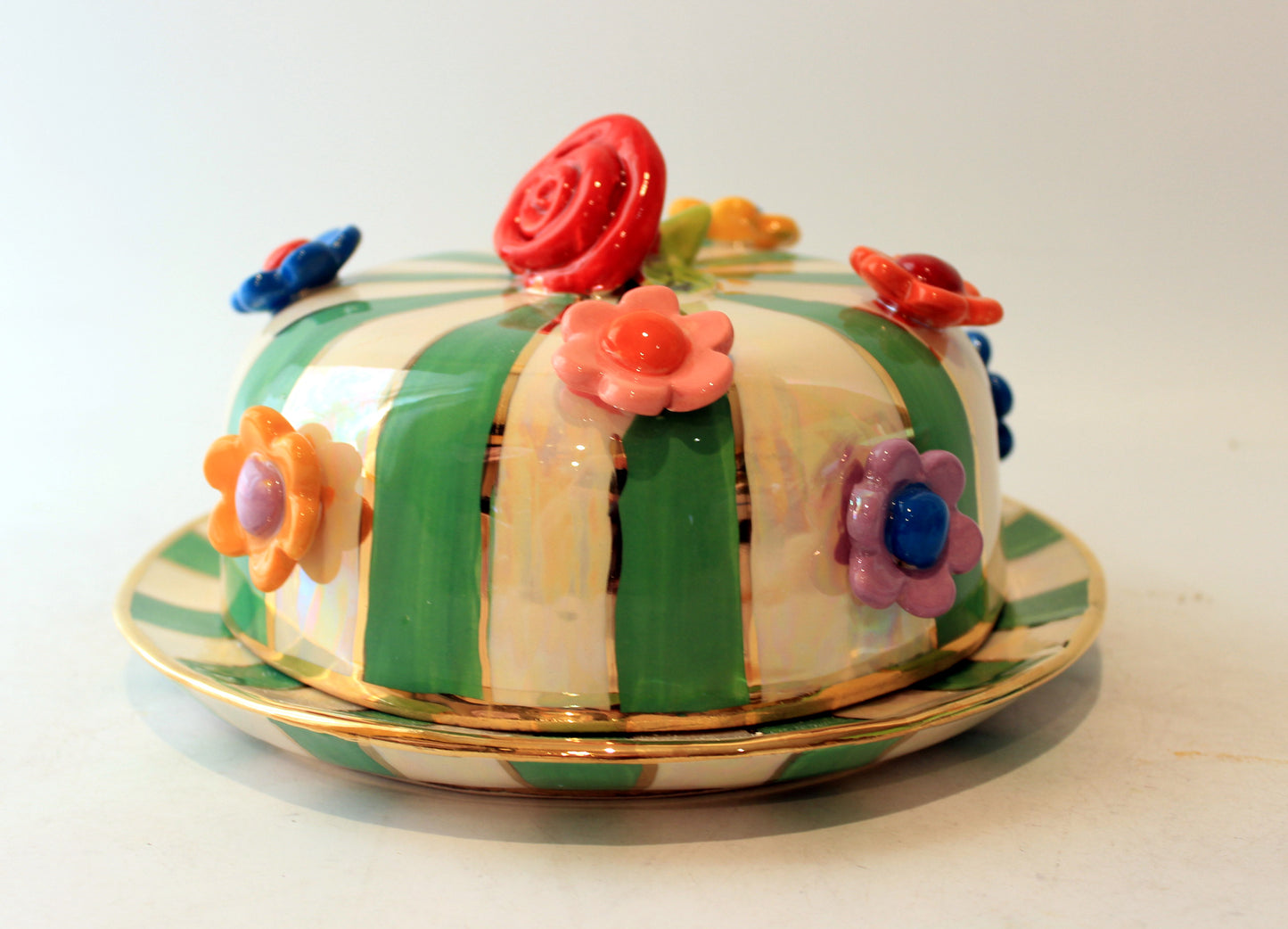 Multiflower Studded Butter Dish Green and White Stripe
