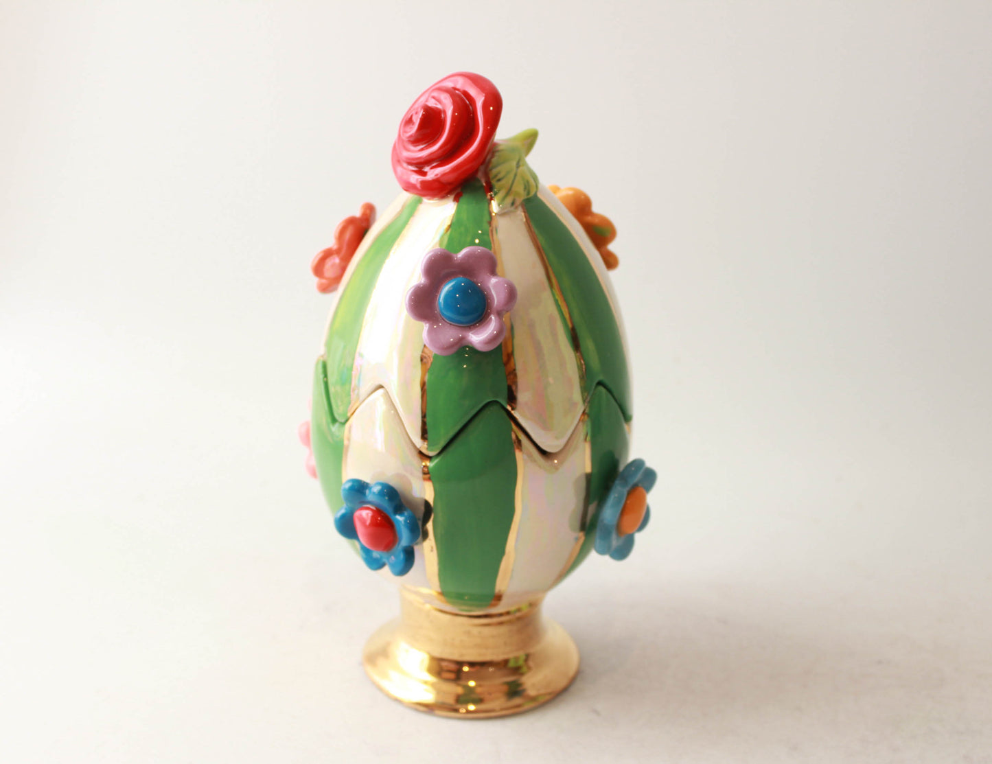 Multiflower Studded Easter Egg Green and White Stripe