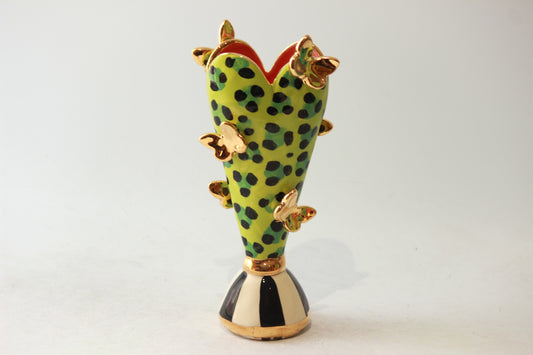 Tiny Butterfly Studded Heart Vase Green Leopard