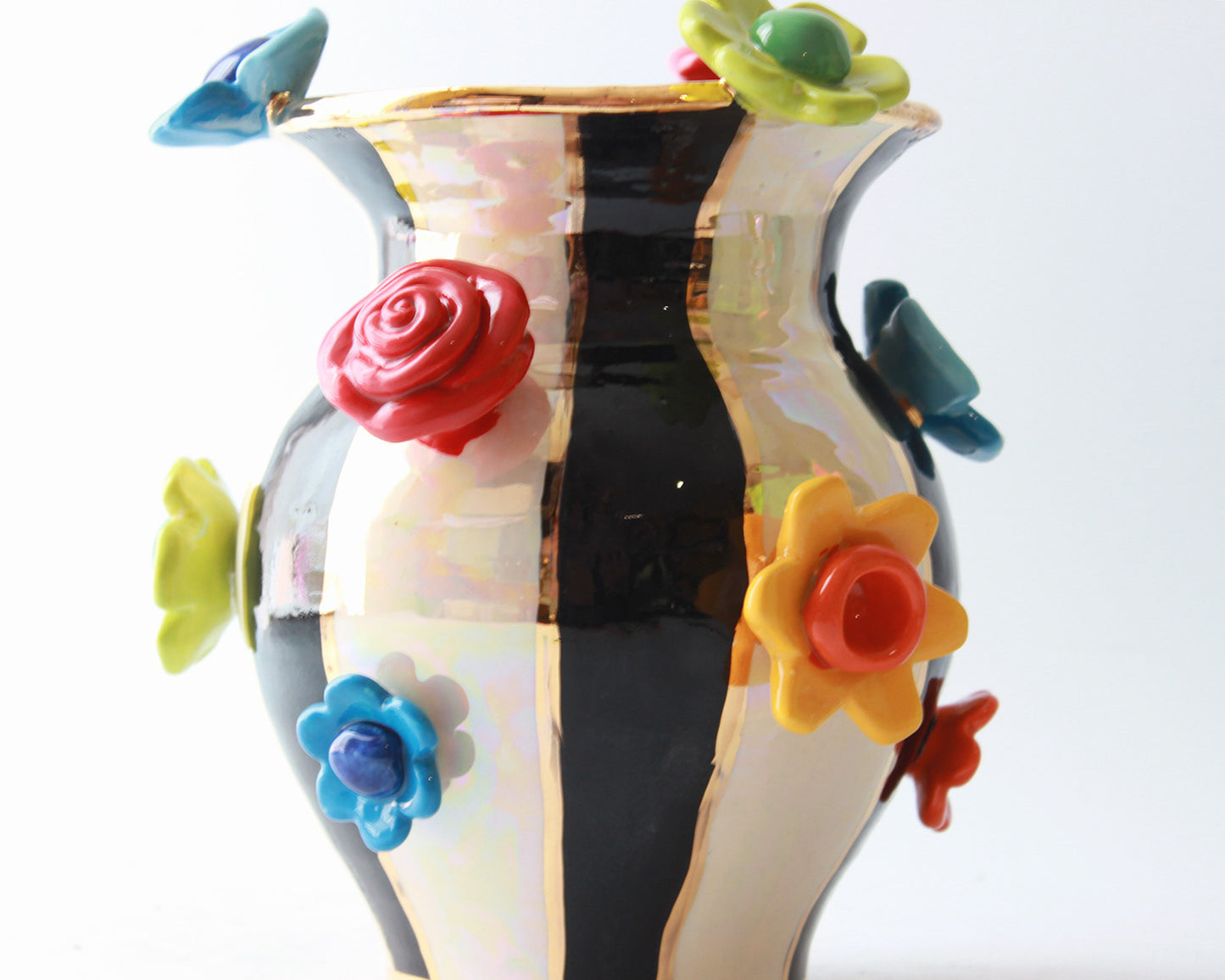 Small Flower Studded Vase Black and White Stripe