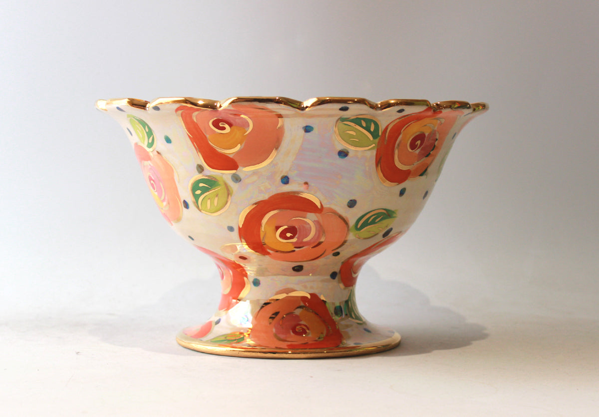 Fluted Punch Bowl in Peach Roses on Polka