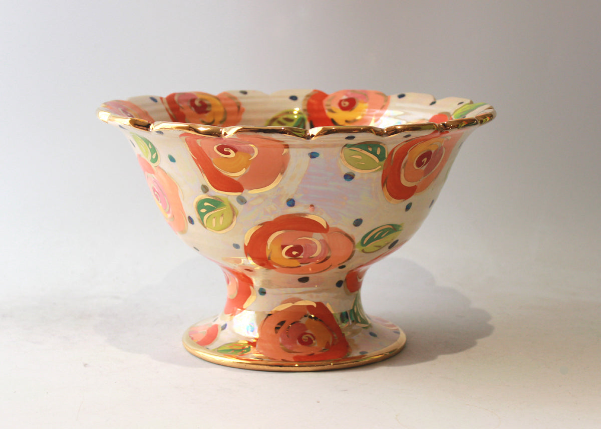 Fluted Punch Bowl in Peach Roses on Polka