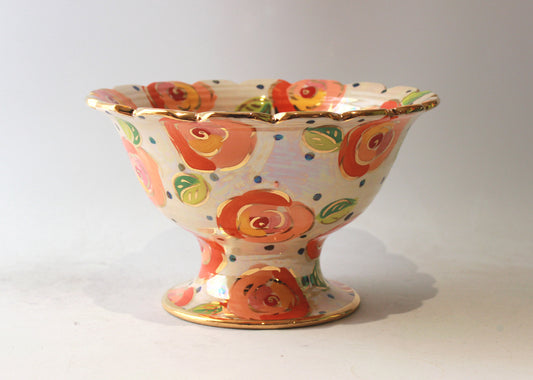 Fluted Punch Bowl in Peach Roses on Polka