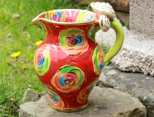Medium Rose Handled Jug in Red Swirls