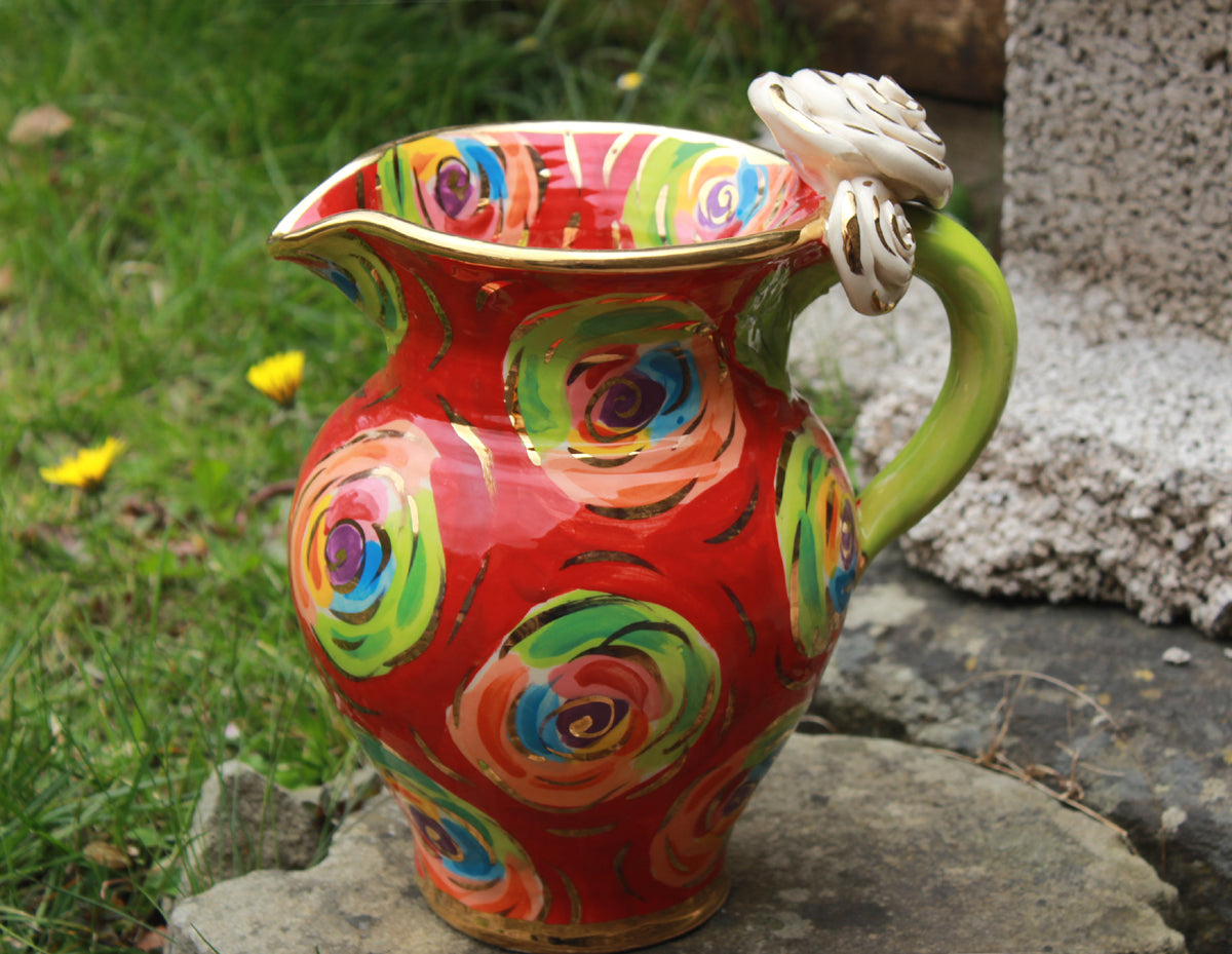 Medium Rose Handled Jug in Red Swirls