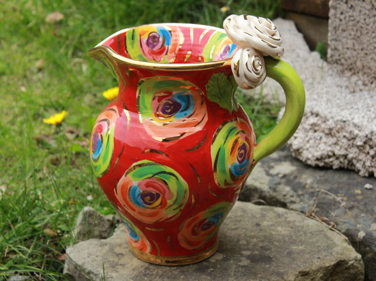 Medium Rose Handled Jug in Red Swirls
