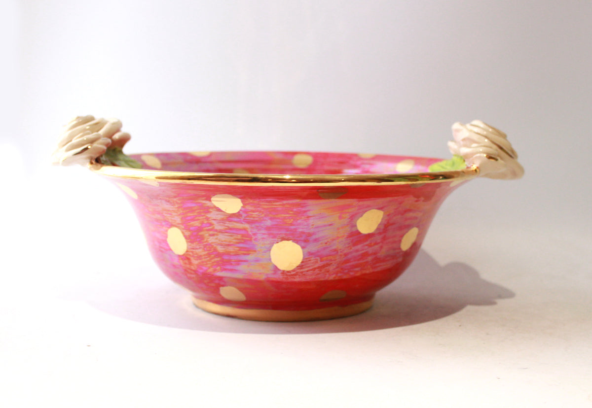 Rose Edged Salad Bowl in Iridescent Red with Gold Dots