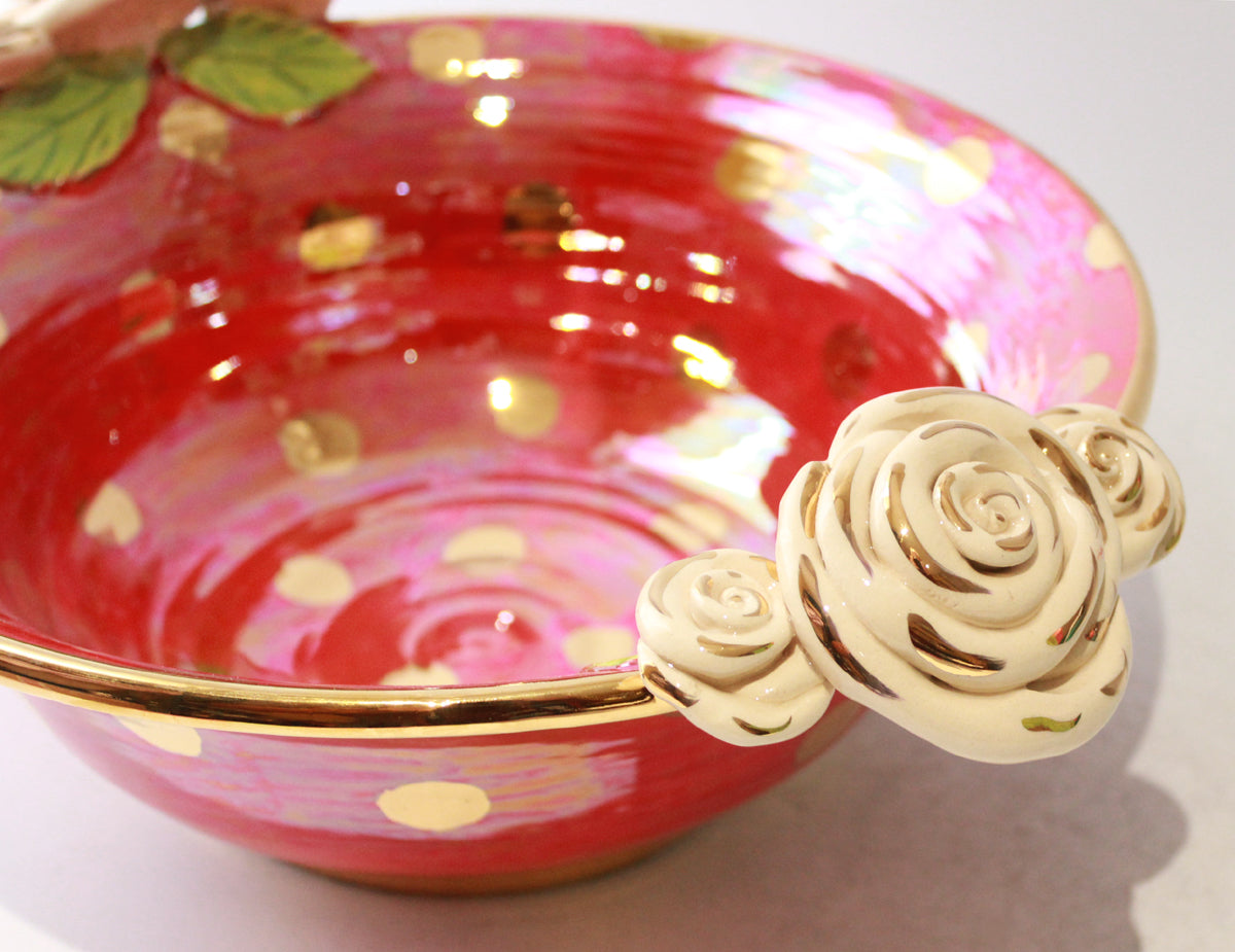 Rose Edged Salad Bowl in Iridescent Red with Gold Dots