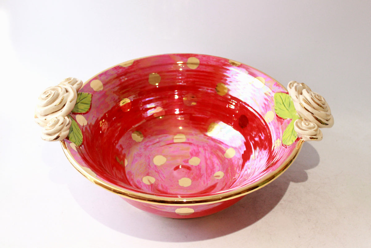 Rose Edged Salad Bowl in Iridescent Red with Gold Dots