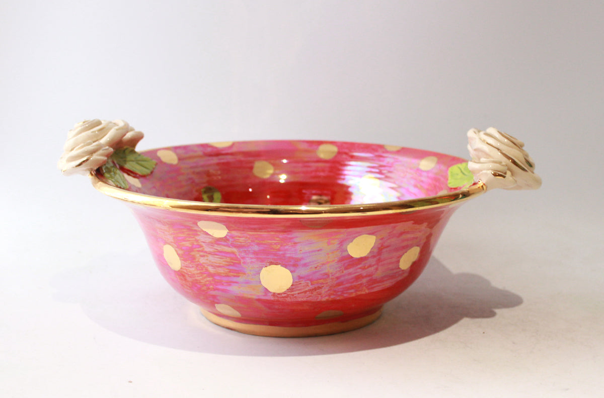 Rose Edged Salad Bowl in Iridescent Red with Gold Dots
