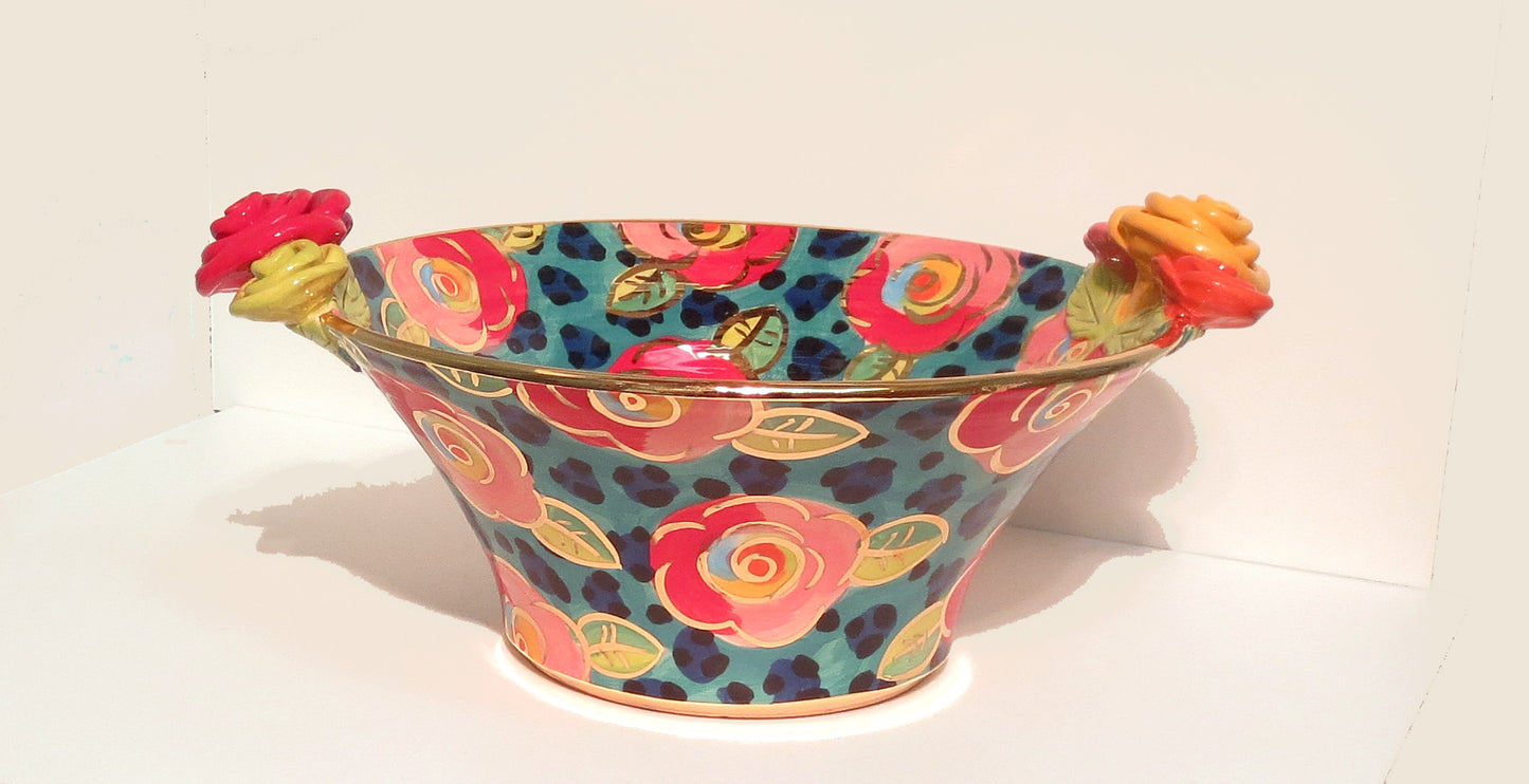 Medium Rose Edged Serving Bowl "Petrol Leopard" - MaryRoseYoung