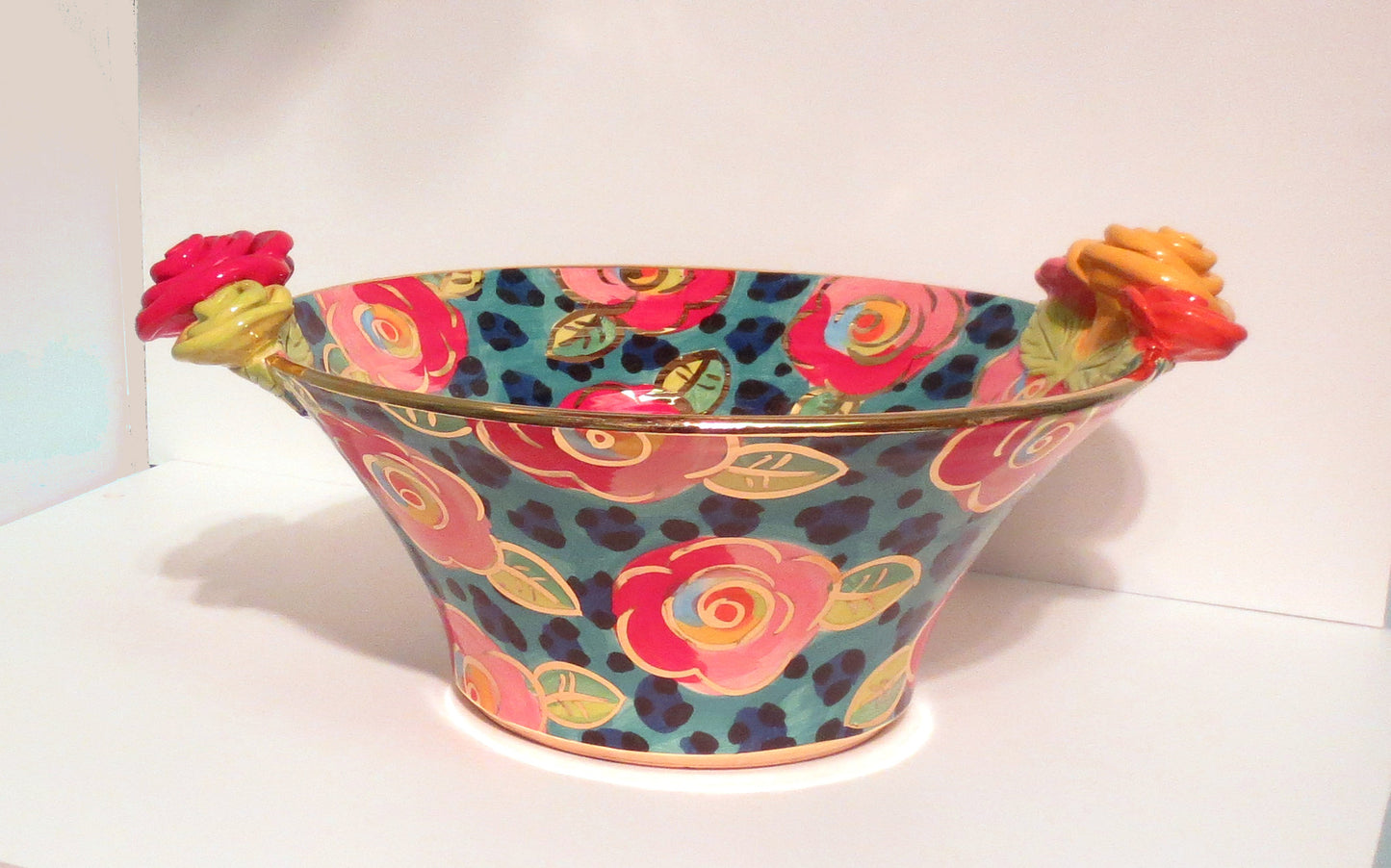 Medium Rose Edged Serving Bowl "Petrol Leopard" - MaryRoseYoung