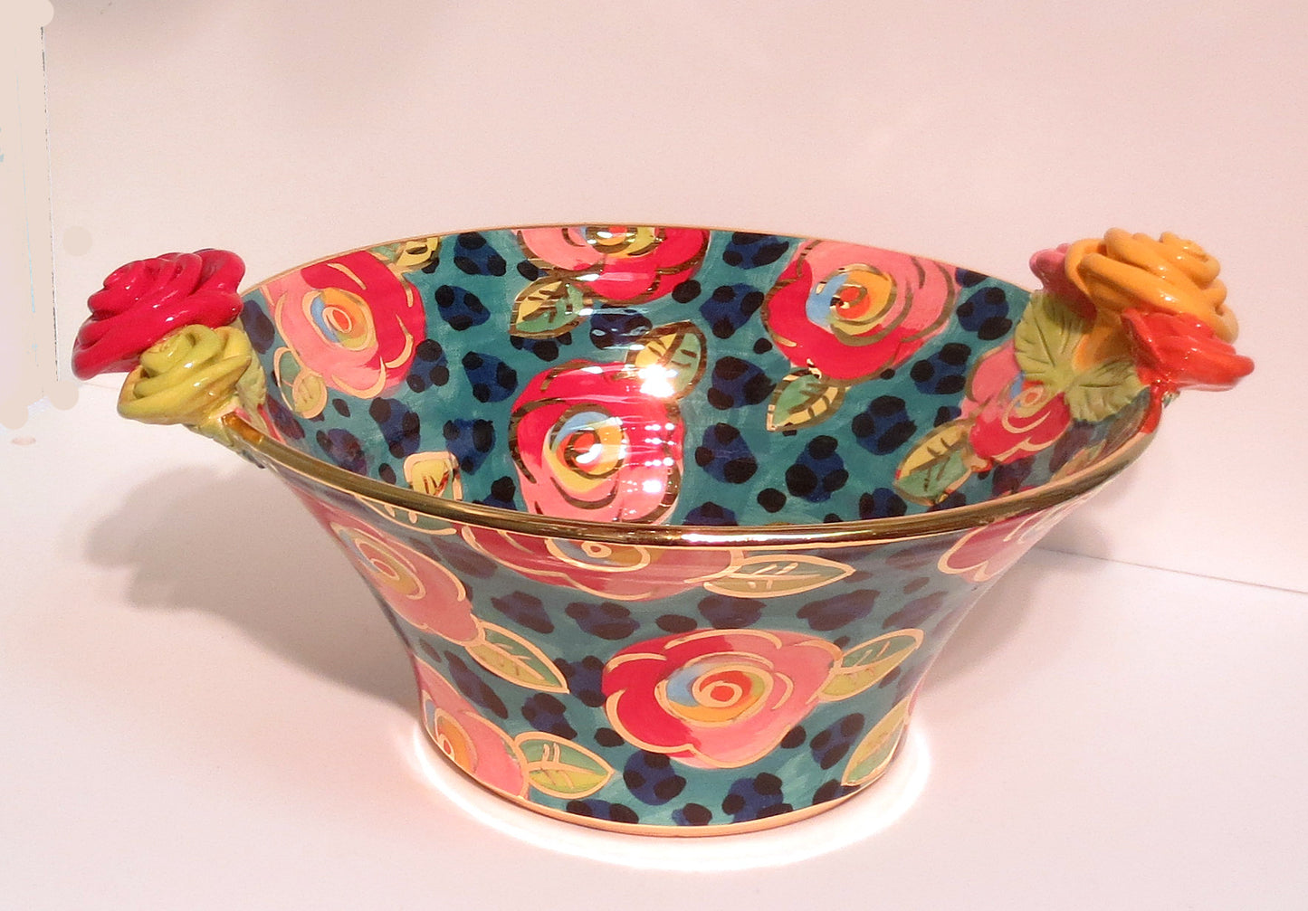 Medium Rose Edged Serving Bowl "Petrol Leopard" - MaryRoseYoung