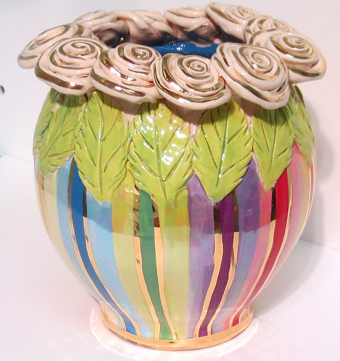 Rose Encrusted "Cauldron" Vase Lustred Stripe - MaryRoseYoung