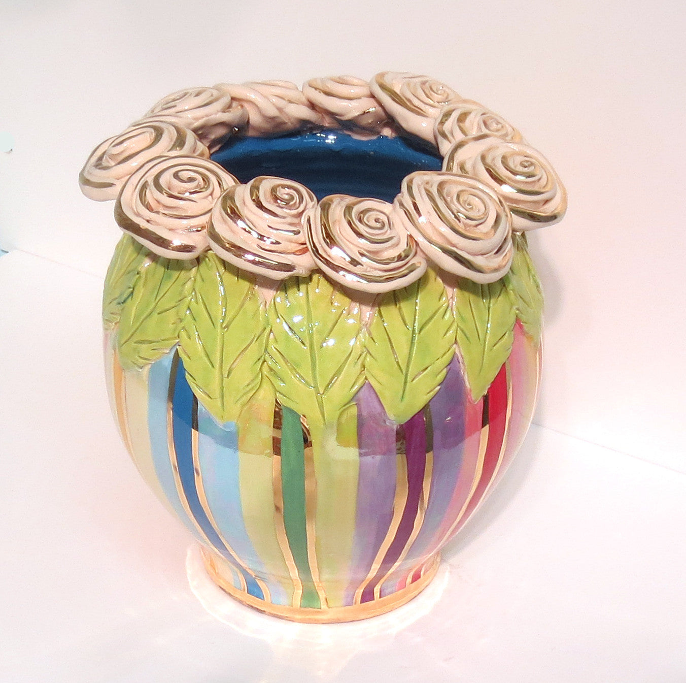 Rose Encrusted "Cauldron" Vase Lustred Stripe - MaryRoseYoung
