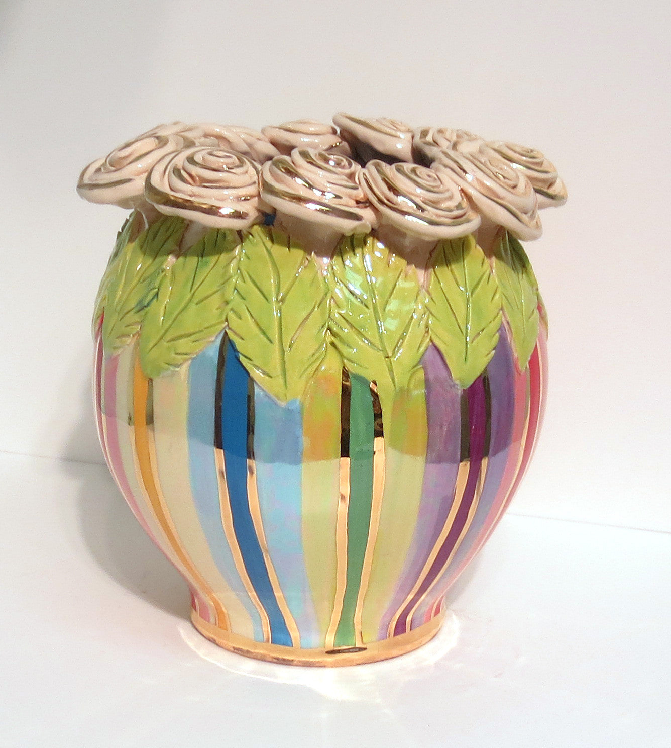 Rose Encrusted "Cauldron" Vase Lustred Stripe - MaryRoseYoung