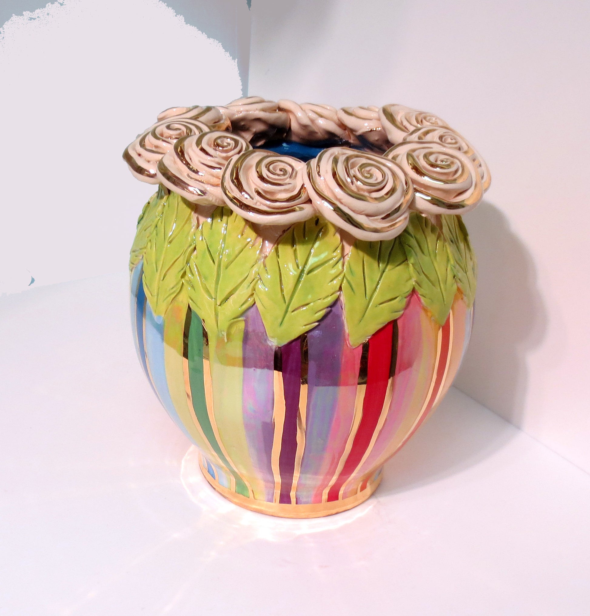 Rose Encrusted "Cauldron" Vase Lustred Stripe - MaryRoseYoung