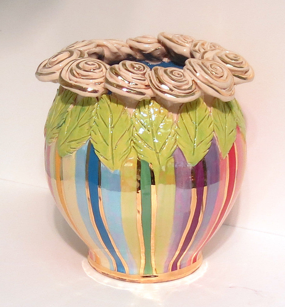 Rose Encrusted "Cauldron" Vase Lustred Stripe - MaryRoseYoung
