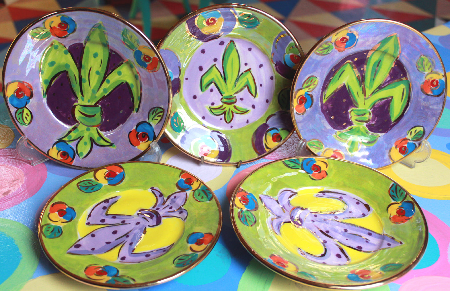 Mardi Gras Tea Plate in Green with Polka Fleur de Lys