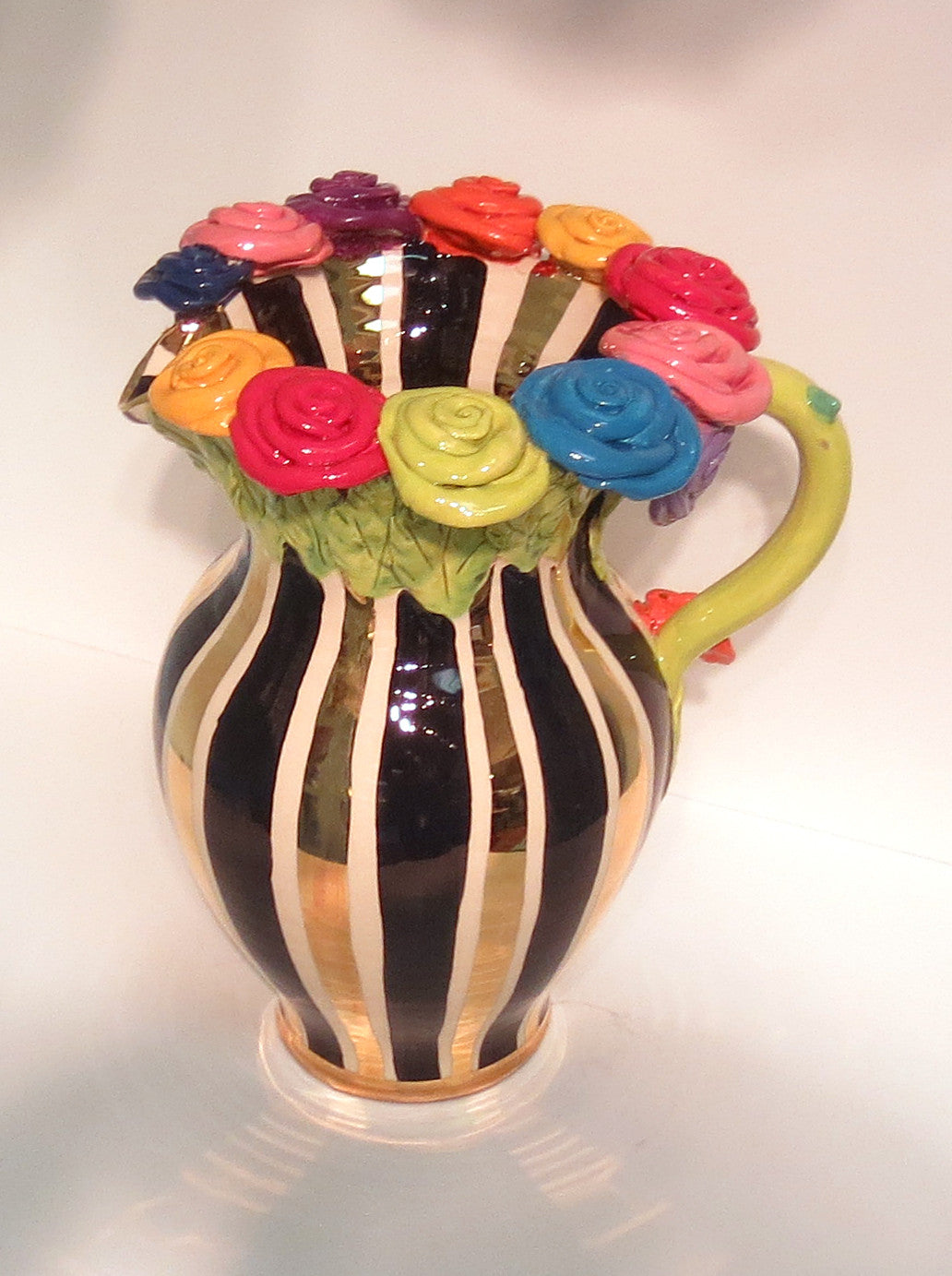 Large Rose Encrusted Pitcher "Black and White and Gold" - MaryRoseYoung