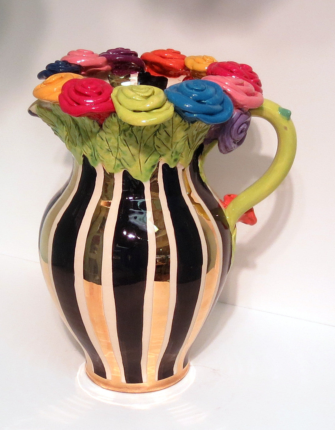 Large Rose Encrusted Pitcher "Black and White and Gold" - MaryRoseYoung