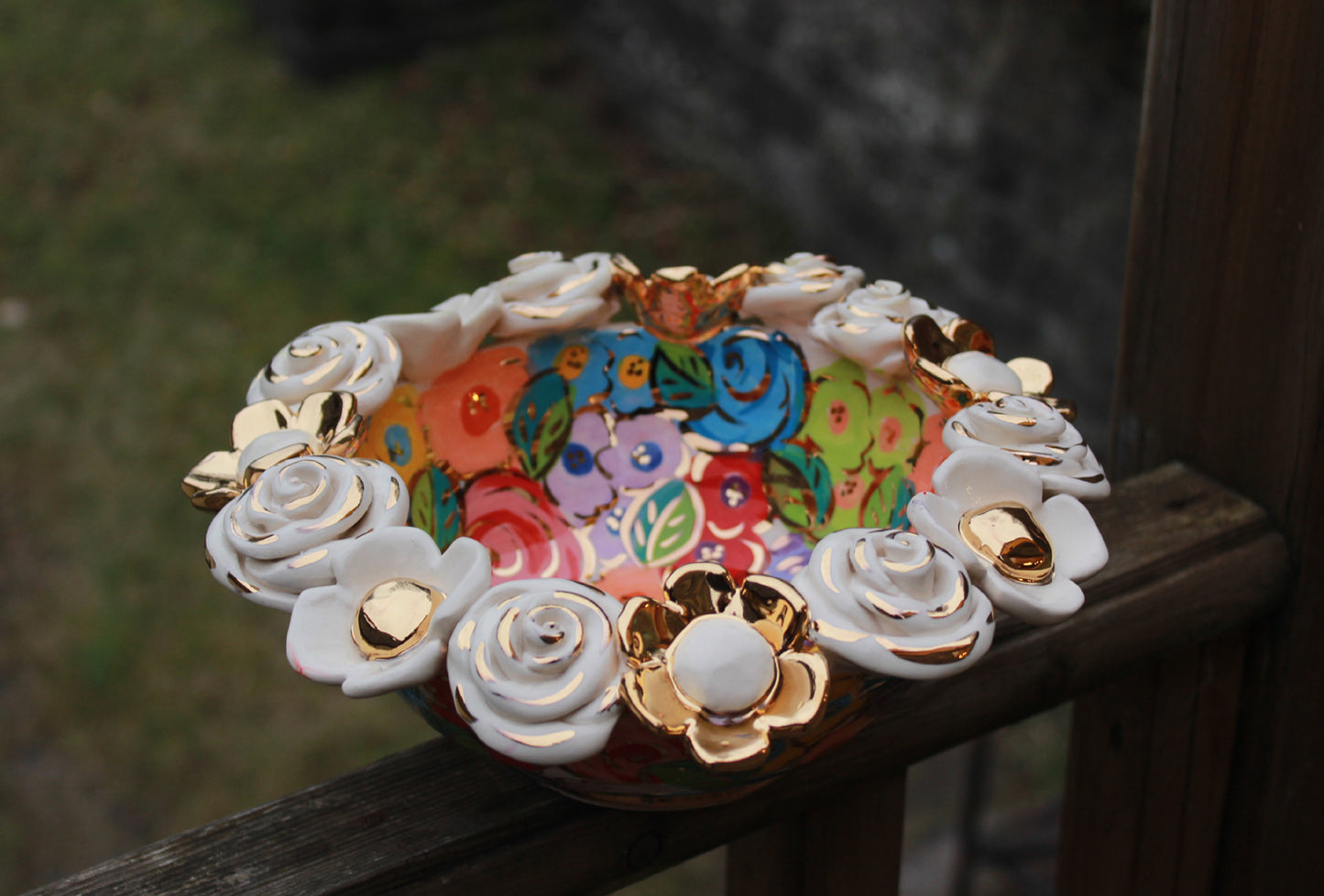 Multiflower Encrusted Bowl in Pastel Blooms