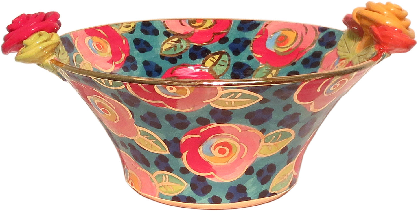 Medium Rose Edged Serving Bowl "Petrol Leopard" - MaryRoseYoung