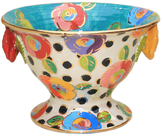 Salad Bowl on Plinth Roses and Black Dots - MaryRoseYoung
