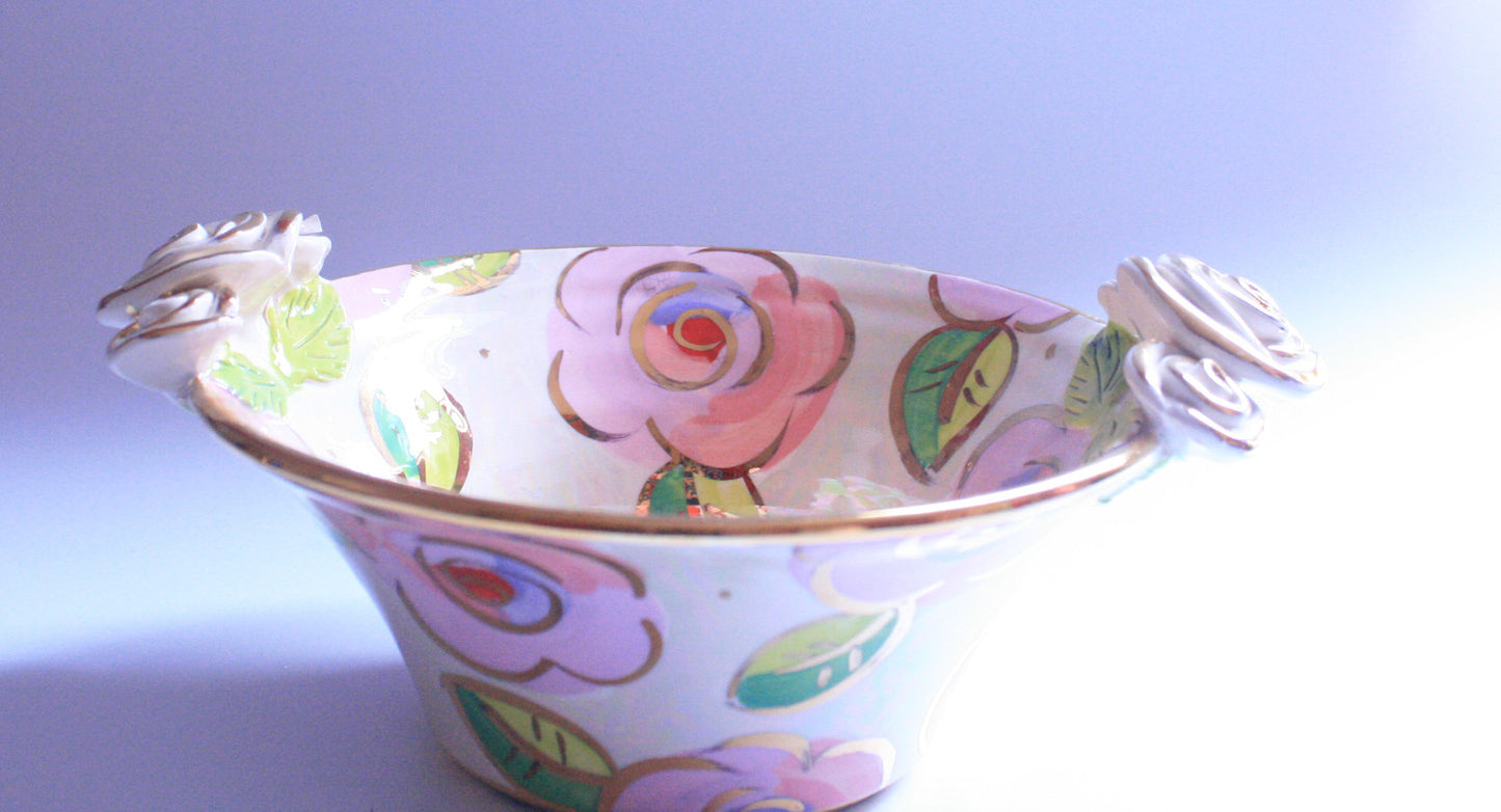 Small Rose Edged Serving Bowl Pale Roses Pink - MaryRoseYoung