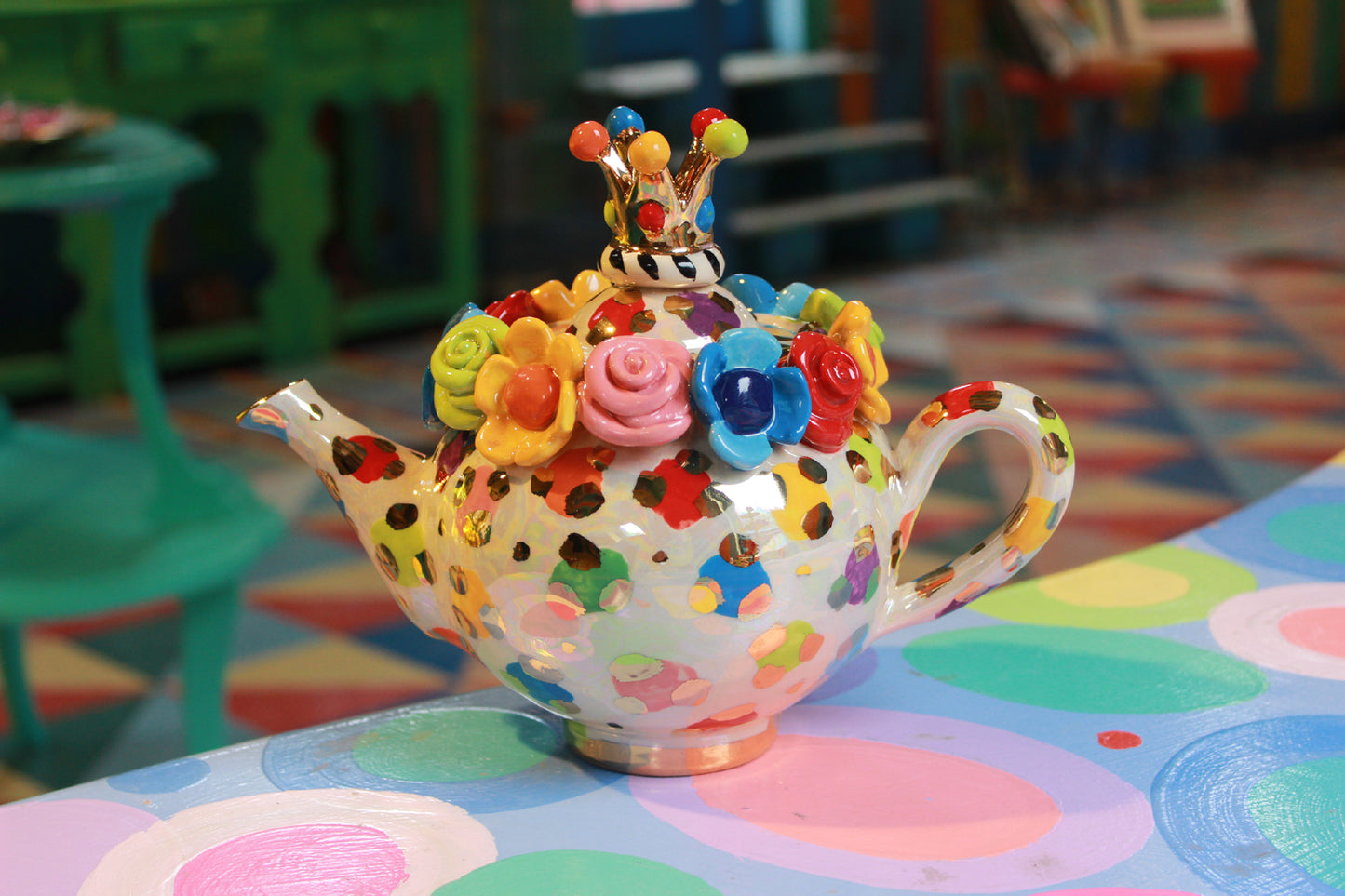 Tiny Crown Lidded Teapot in Rainbow Leopard
