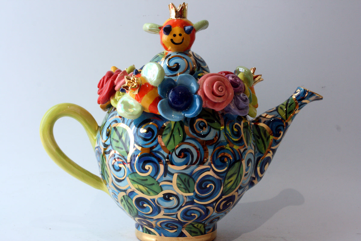Bee Teapot Blue Rosebush - MaryRoseYoung