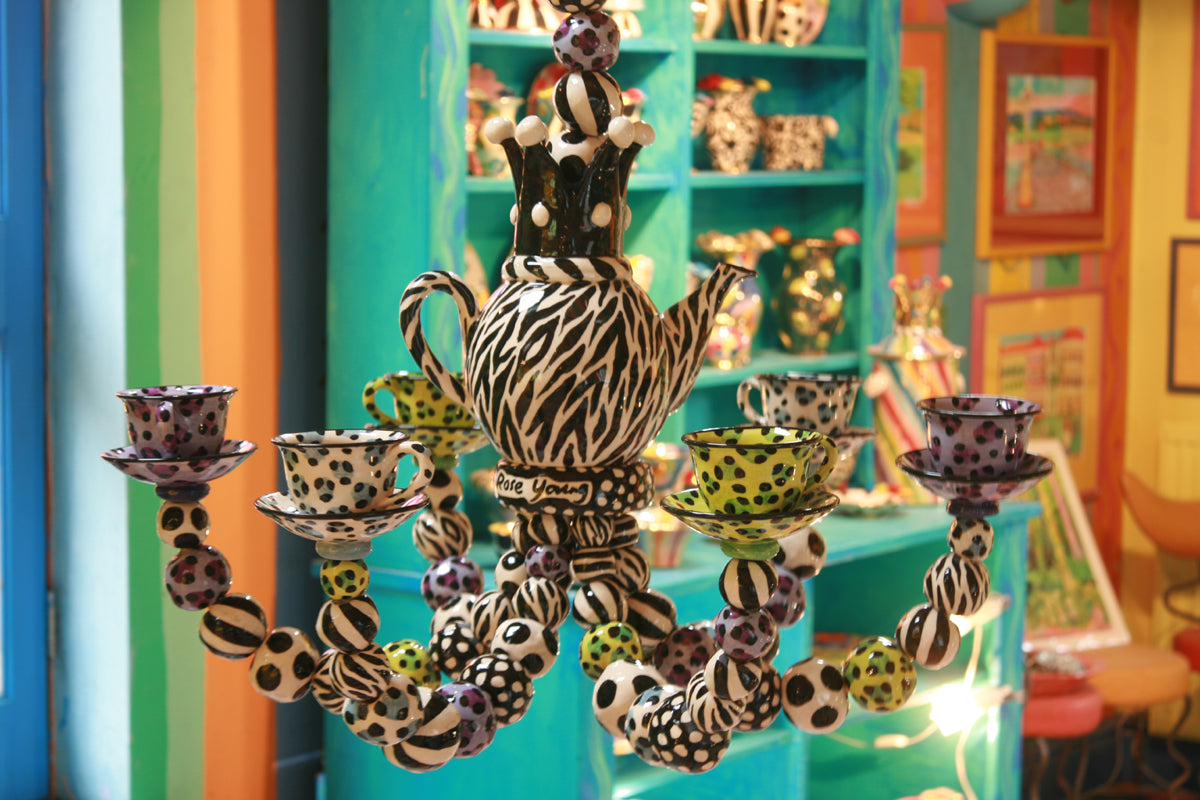 Six Armed Tea Set Chandelier in Leopard and Zebra - MaryRoseYoung