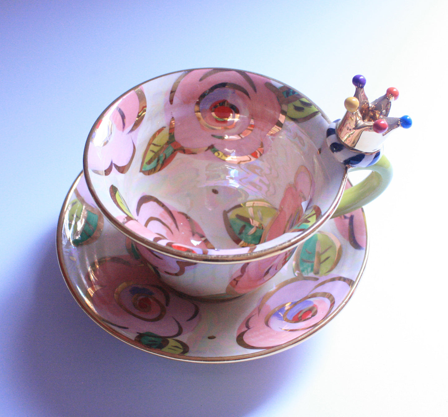 Crown Handled Cup and Saucer Pale Roses Pink - MaryRoseYoung