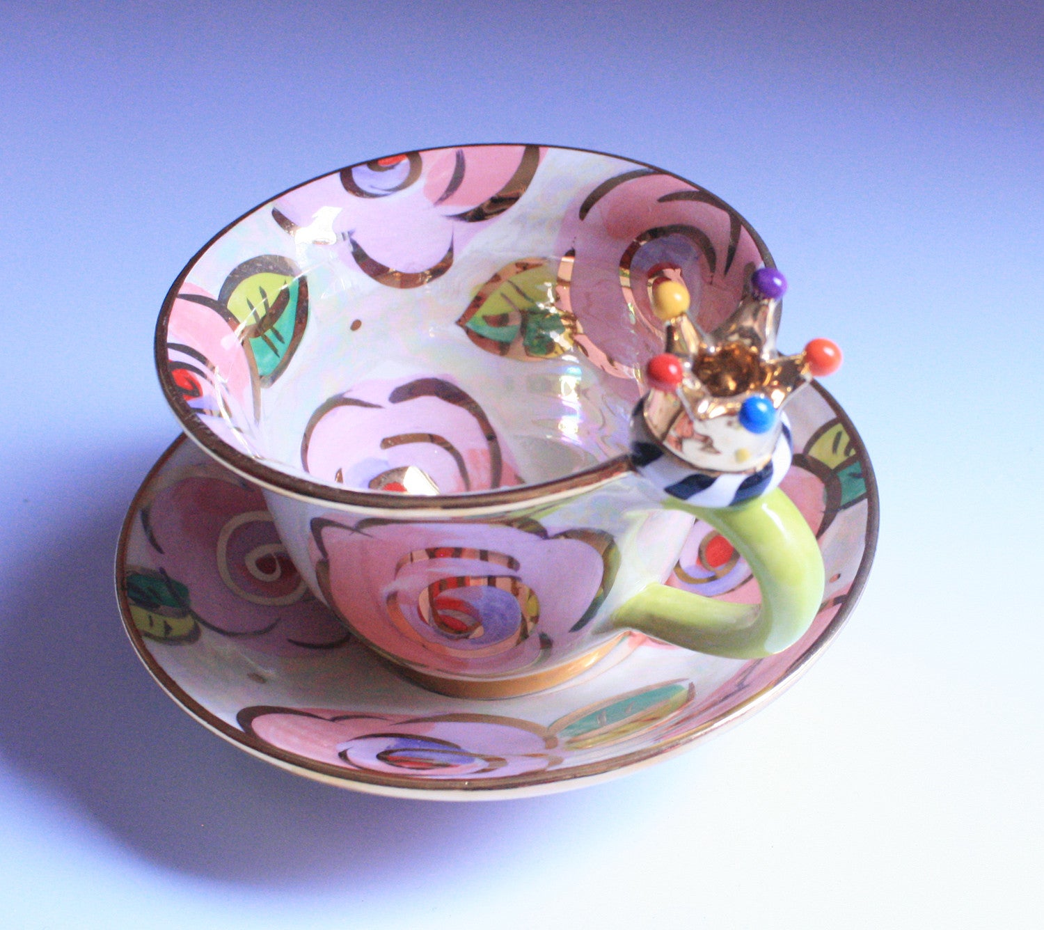 Crown Handled Cup and Saucer Pale Roses Pink - MaryRoseYoung