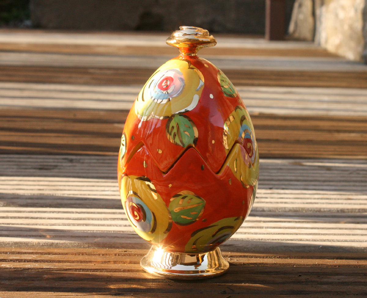 Rose Lidded Easter Egg on Plinth Gold New Rose Orange - MaryRoseYoung