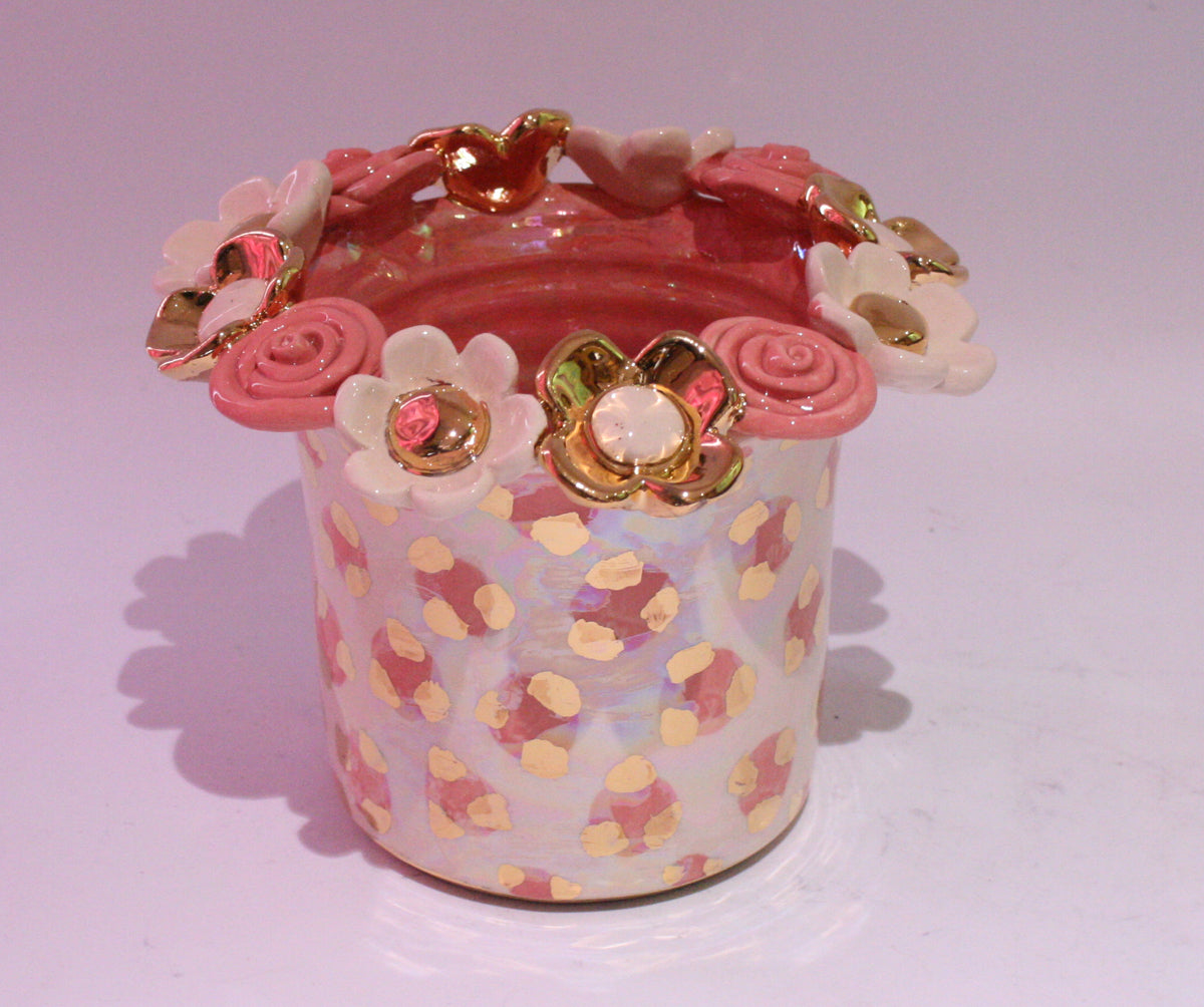 Multiflower Encrusted Candlejar Pink and Gold Leopard - MaryRoseYoung