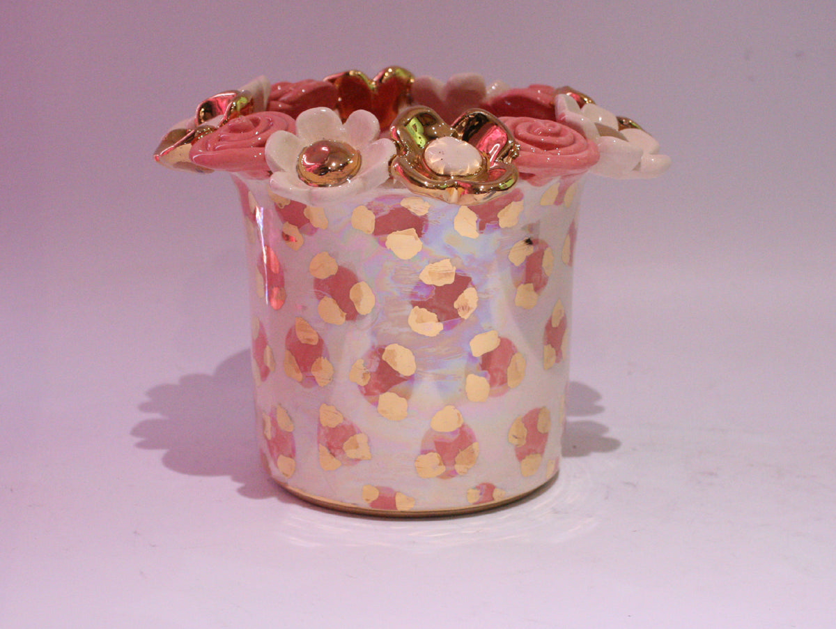 Multiflower Encrusted Candlejar Pink and Gold Leopard - MaryRoseYoung