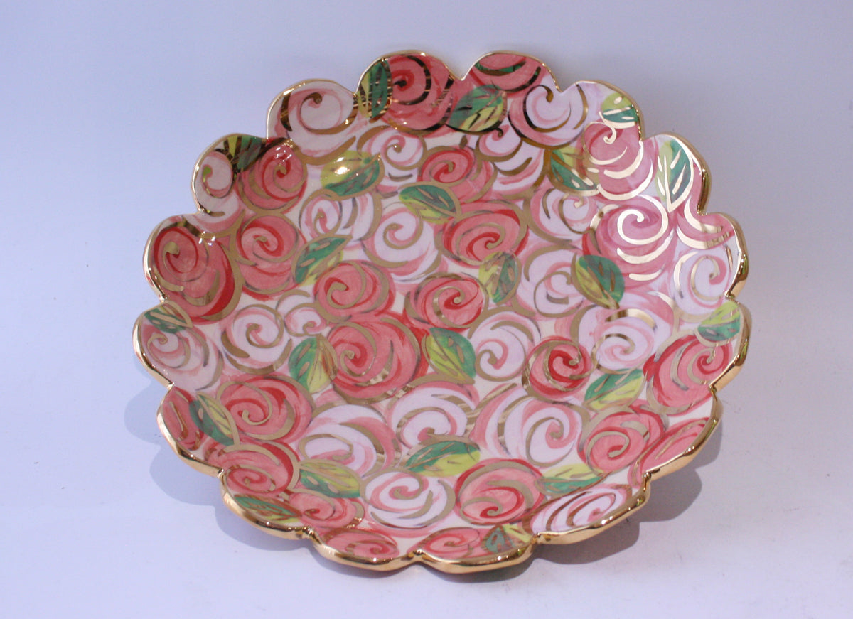 Fluted Serving Dish Pink Rosebush - MaryRoseYoung